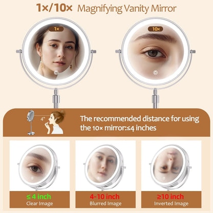 Lighted Makeup Mirror 8 Inch With 10X Magnification Adjustable Brightness And Three Color LED Light 3