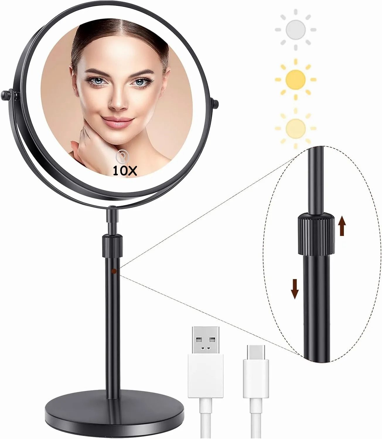 Lighted Makeup Mirror 8 Inch With 10X Magnification Adjustable Brightness And Three Color LED Light 5