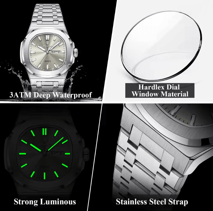 POEDAGAR Luxury Square Military Mens Watch Stainless Steel Waterproof Design 1