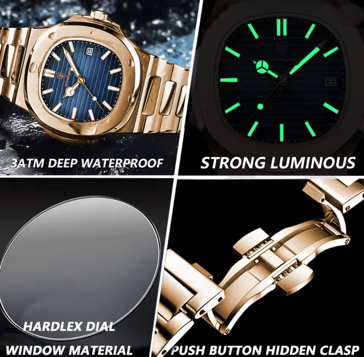 POEDAGAR Luxury Square Mens Watch Stainless Steel Waterproof Quartz Design 1