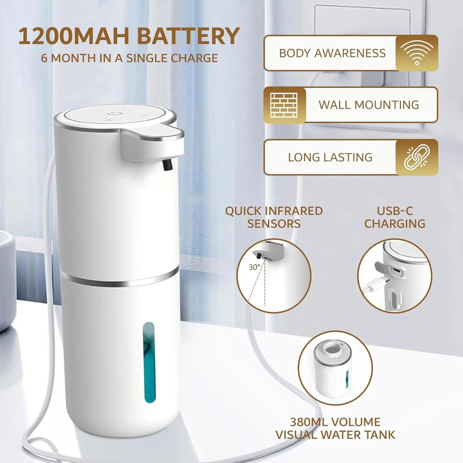 Automatic Foam Soap Dispenser with USB Rechargeable Touchless Sensor