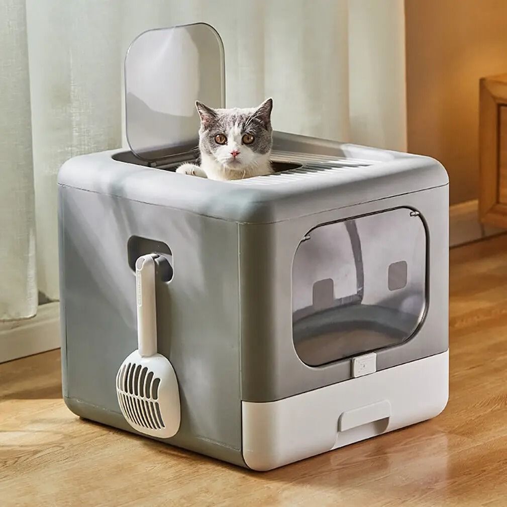 Foldable Enclosed Cat Litter Box with Sifting Drawer Front and Top Entry
