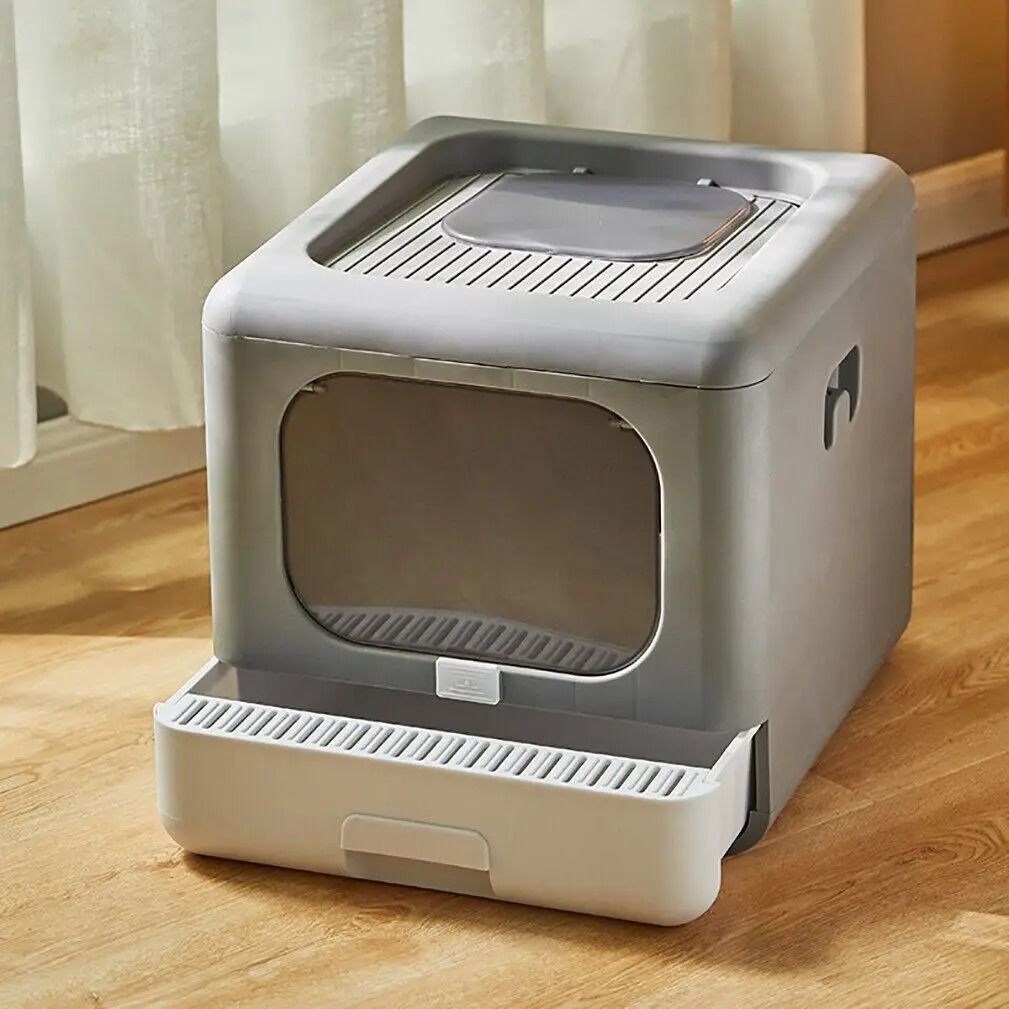Foldable Enclosed Cat Litter Box With Sifting Drawer Front And Top Entry 1