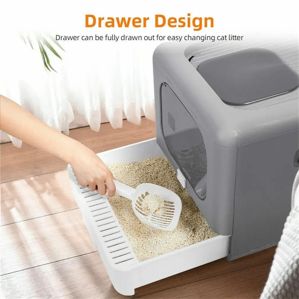 Foldable Enclosed Cat Litter Box With Sifting Drawer Front And Top Entry 3