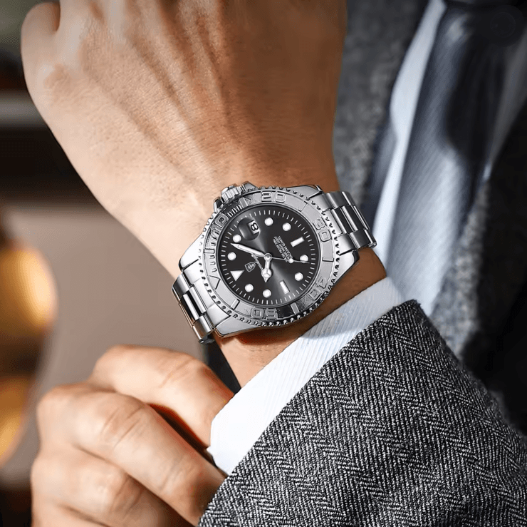 POEDAGAR Luxury Mens Quartz Watch with Stainless Steel Band and Waterproof Design