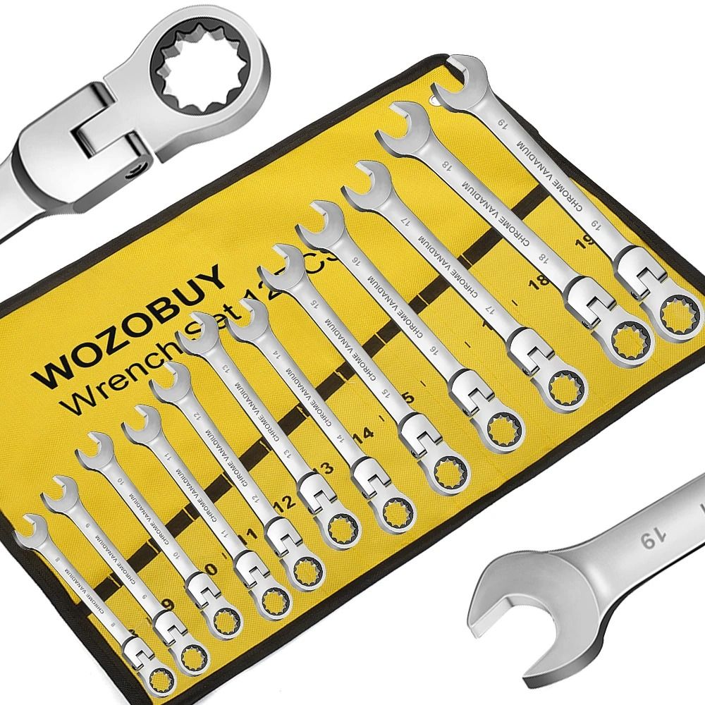 Ratcheting Combination Wrench Set Metric Flex Head with Storage Bag