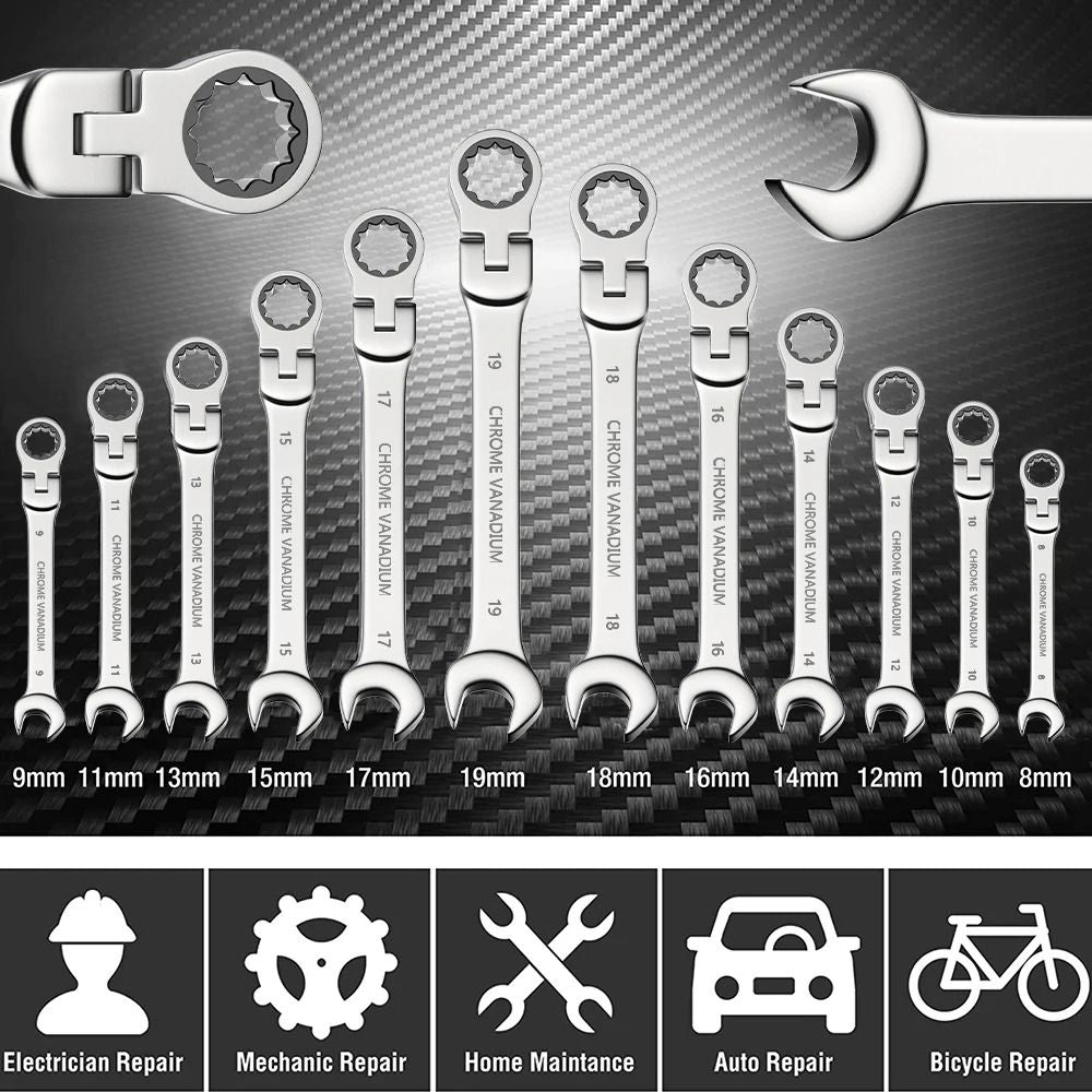 Ratcheting Combination Wrench Set Metric Flex Head With Storage Bag 4