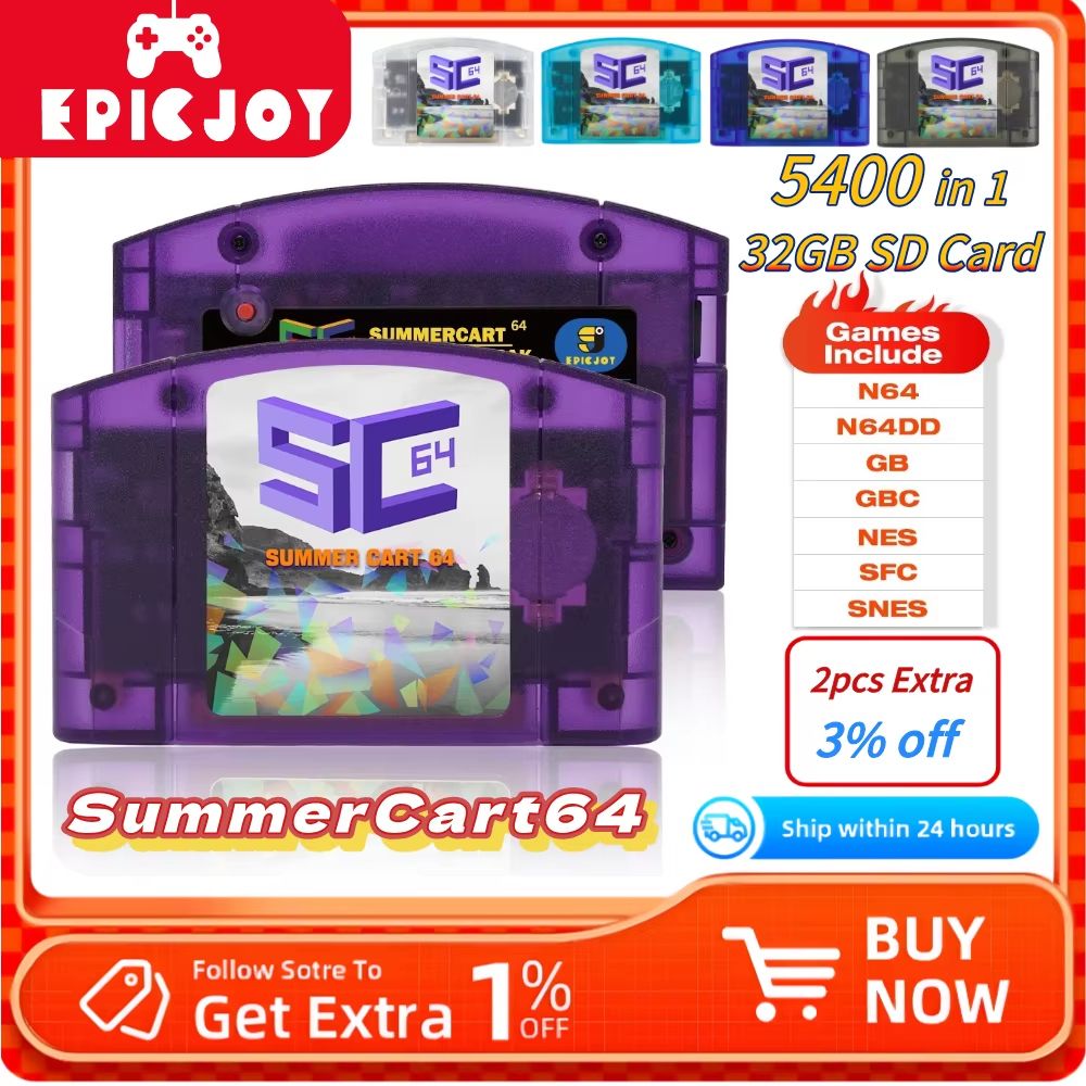 SummerCart 64 N64 Game Card with 32GB SD – 5400+ Classic Games & 64DD Support