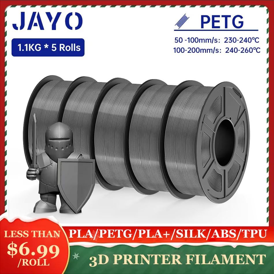 JAYO 3D Printer Filament Bundle – PLA, ABS, PETG, Silk PLA 1.75mm (5 Rolls) No-Bubble Printing Material for FDM Printers