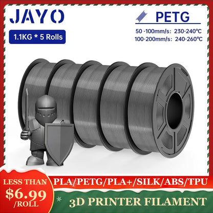 JAYO 3D Printer Filament Bundle – PLA, ABS, PETG, Silk PLA 1.75mm (5 Rolls) No-Bubble Printing Material for FDM Printers