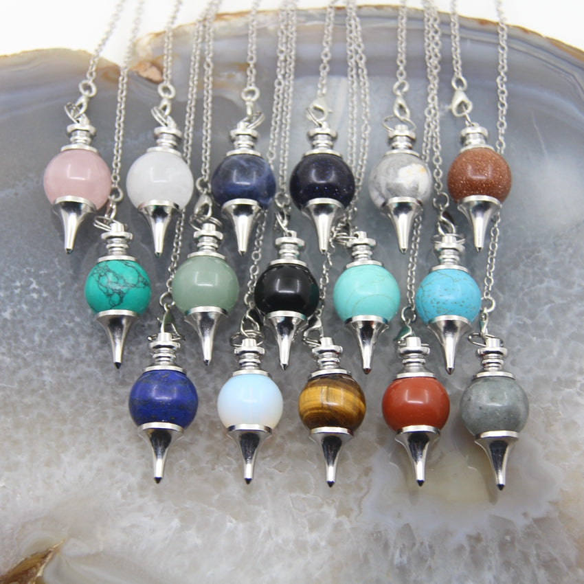 Natural Rose Quartz Labradorite Pendulum for Dowsing Divination, Crystal Cone Pendant with Round Beads Stone Chain