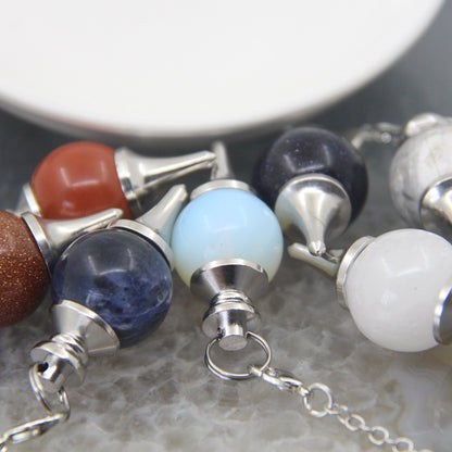 Natural Rose Quartz Labradorite Pendulum for Dowsing Divination, Crystal Cone Pendant with Round Beads Stone Chain