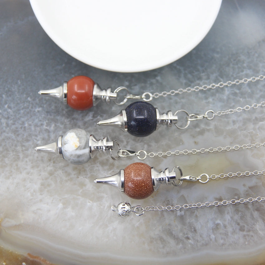 Natural Rose Quartz Labradorite Pendulum for Dowsing Divination, Crystal Cone Pendant with Round Beads Stone Chain