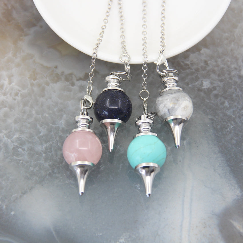 Natural Rose Quartz Labradorite Pendulum for Dowsing Divination, Crystal Cone Pendant with Round Beads Stone Chain