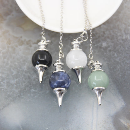 Natural Rose Quartz Labradorite Pendulum for Dowsing Divination, Crystal Cone Pendant with Round Beads Stone Chain
