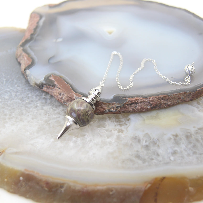 Natural Rose Quartz Labradorite Pendulum for Dowsing Divination, Crystal Cone Pendant with Round Beads Stone Chain