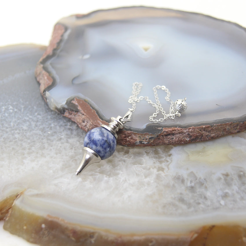 Natural Rose Quartz Labradorite Pendulum for Dowsing Divination, Crystal Cone Pendant with Round Beads Stone Chain