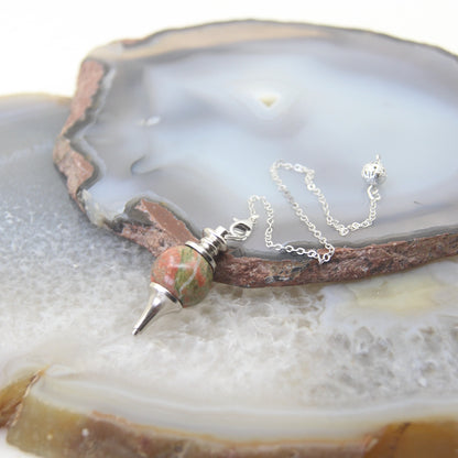 Natural Rose Quartz Labradorite Pendulum for Dowsing Divination, Crystal Cone Pendant with Round Beads Stone Chain