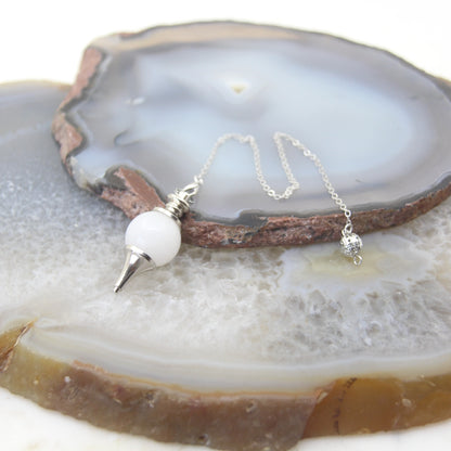 Natural Rose Quartz Labradorite Pendulum for Dowsing Divination, Crystal Cone Pendant with Round Beads Stone Chain