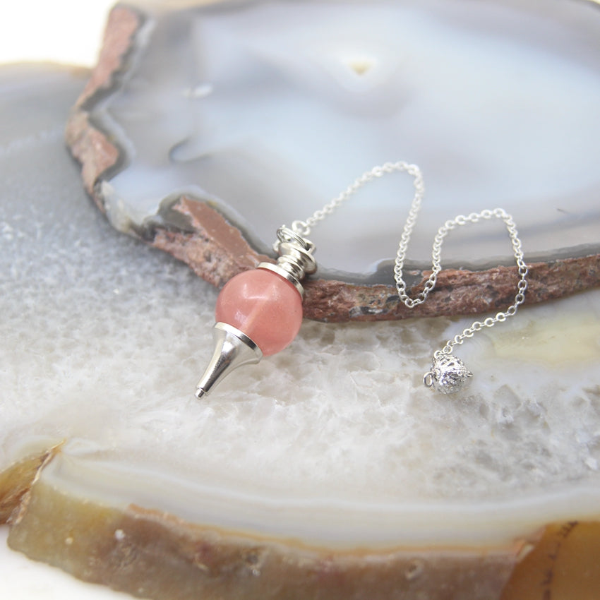 Natural Rose Quartz Labradorite Pendulum for Dowsing Divination, Crystal Cone Pendant with Round Beads Stone Chain