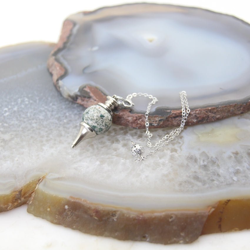 Natural Rose Quartz Labradorite Pendulum for Dowsing Divination, Crystal Cone Pendant with Round Beads Stone Chain