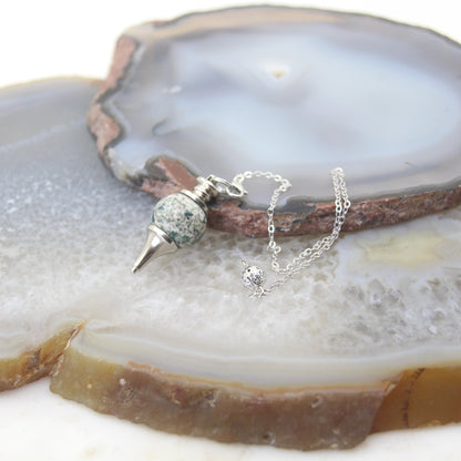 Natural Rose Quartz Labradorite Pendulum for Dowsing Divination, Crystal Cone Pendant with Round Beads Stone Chain