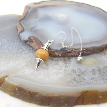 Natural Rose Quartz Labradorite Pendulum for Dowsing Divination, Crystal Cone Pendant with Round Beads Stone Chain