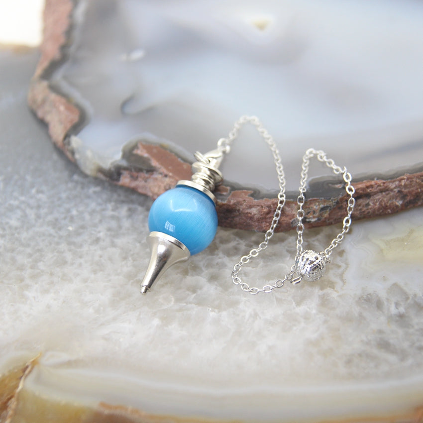 Natural Rose Quartz Labradorite Pendulum for Dowsing Divination, Crystal Cone Pendant with Round Beads Stone Chain