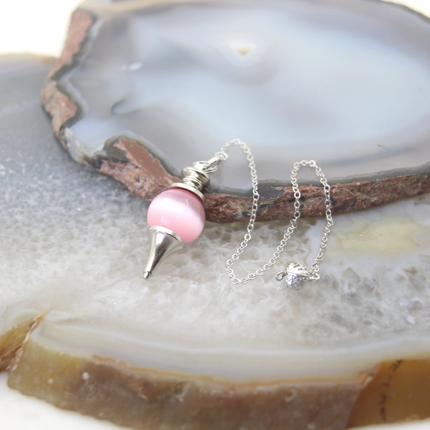 Natural Rose Quartz Labradorite Pendulum for Dowsing Divination, Crystal Cone Pendant with Round Beads Stone Chain
