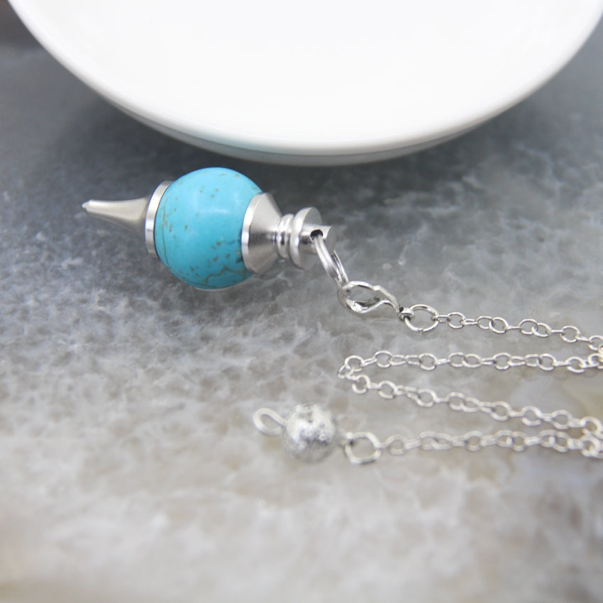 Natural Rose Quartz Labradorite Pendulum for Dowsing Divination, Crystal Cone Pendant with Round Beads Stone Chain