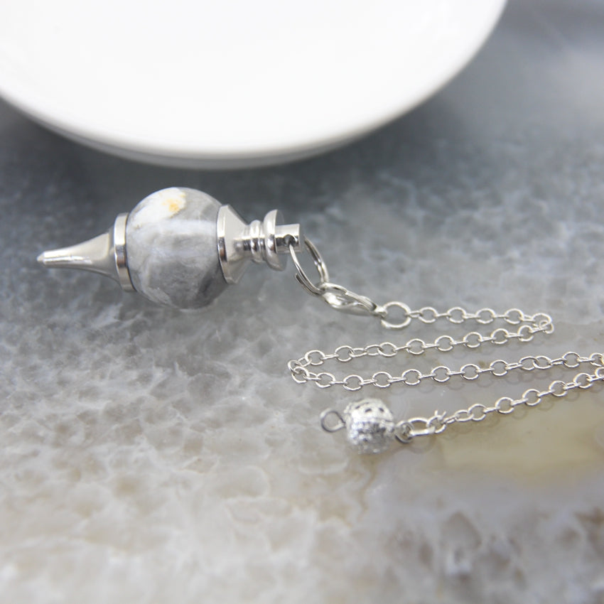 Natural Rose Quartz Labradorite Pendulum for Dowsing Divination, Crystal Cone Pendant with Round Beads Stone Chain