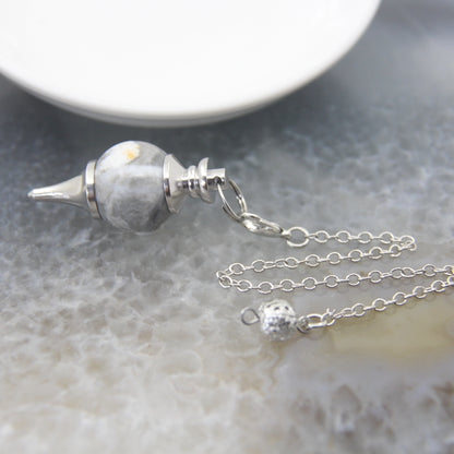 Natural Rose Quartz Labradorite Pendulum for Dowsing Divination, Crystal Cone Pendant with Round Beads Stone Chain