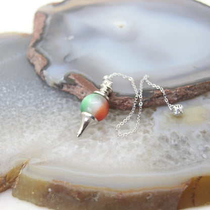 Natural Rose Quartz Labradorite Pendulum for Dowsing Divination, Crystal Cone Pendant with Round Beads Stone Chain