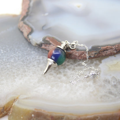 Natural Rose Quartz Labradorite Pendulum for Dowsing Divination, Crystal Cone Pendant with Round Beads Stone Chain