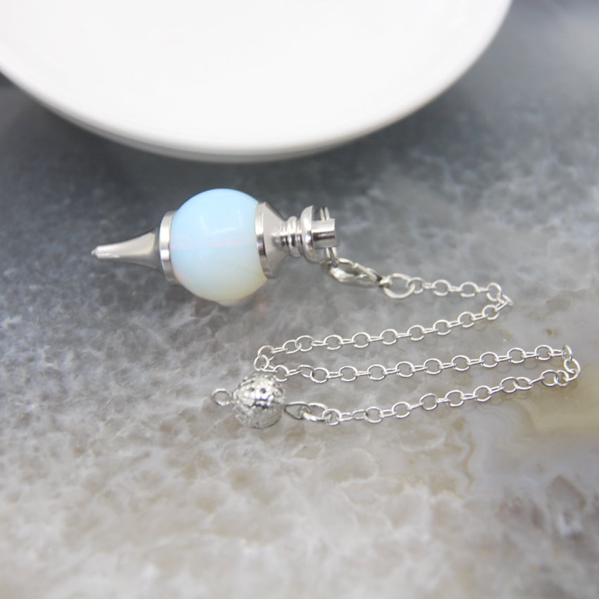 Natural Rose Quartz Labradorite Pendulum for Dowsing Divination, Crystal Cone Pendant with Round Beads Stone Chain