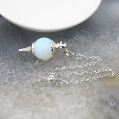 Natural Rose Quartz Labradorite Pendulum for Dowsing Divination, Crystal Cone Pendant with Round Beads Stone Chain