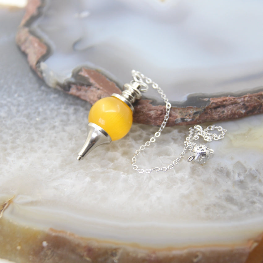 Natural Rose Quartz Labradorite Pendulum for Dowsing Divination, Crystal Cone Pendant with Round Beads Stone Chain