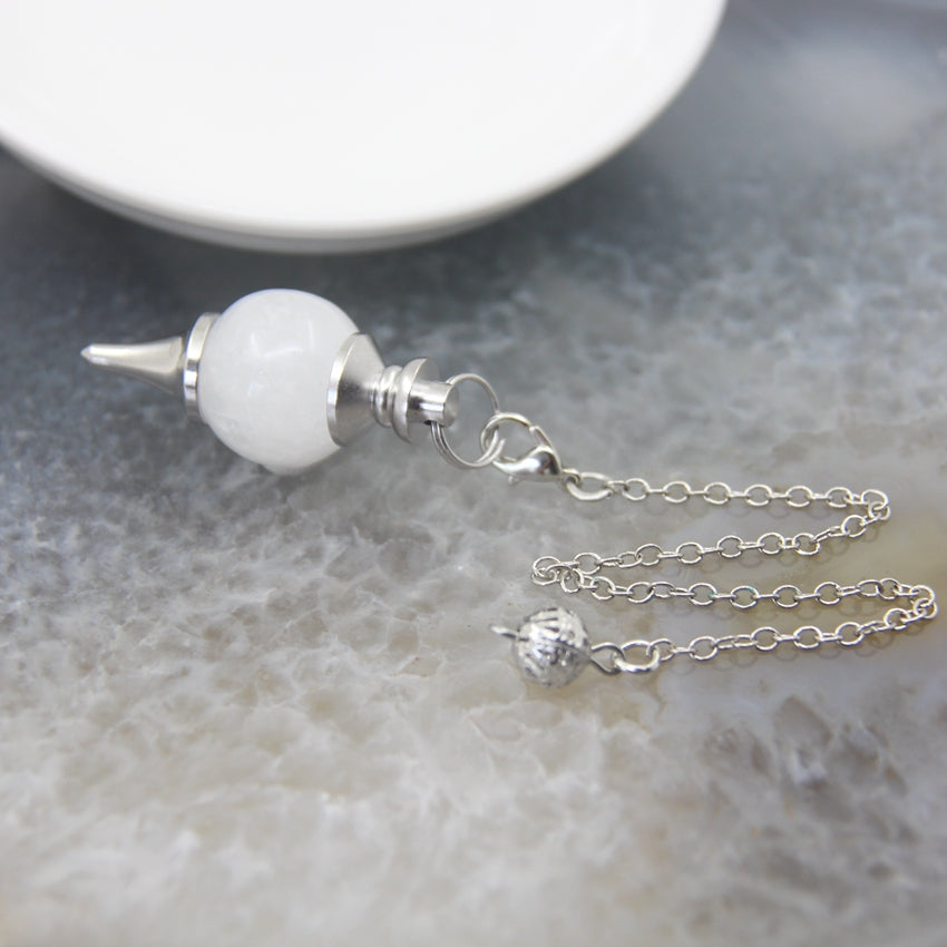 Natural Rose Quartz Labradorite Pendulum for Dowsing Divination, Crystal Cone Pendant with Round Beads Stone Chain