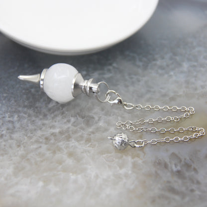 Natural Rose Quartz Labradorite Pendulum for Dowsing Divination, Crystal Cone Pendant with Round Beads Stone Chain