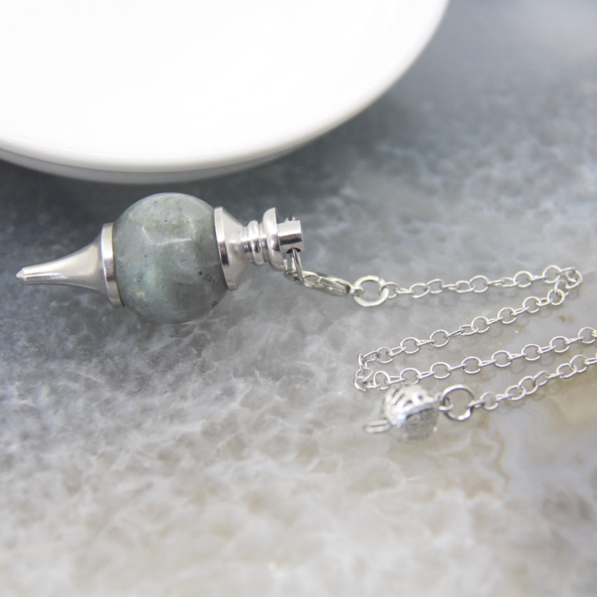 Natural Rose Quartz Labradorite Pendulum for Dowsing Divination, Crystal Cone Pendant with Round Beads Stone Chain