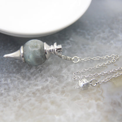 Natural Rose Quartz Labradorite Pendulum for Dowsing Divination, Crystal Cone Pendant with Round Beads Stone Chain