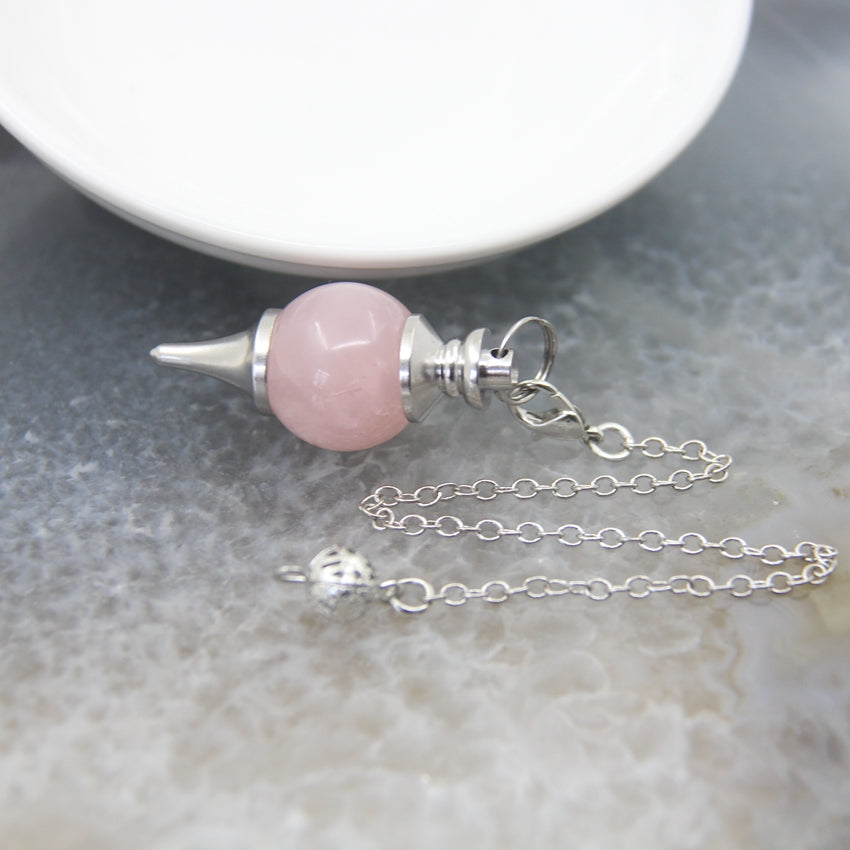 Natural Rose Quartz Labradorite Pendulum for Dowsing Divination, Crystal Cone Pendant with Round Beads Stone Chain