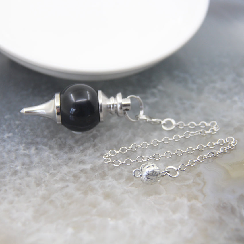 Natural Rose Quartz Labradorite Pendulum for Dowsing Divination, Crystal Cone Pendant with Round Beads Stone Chain