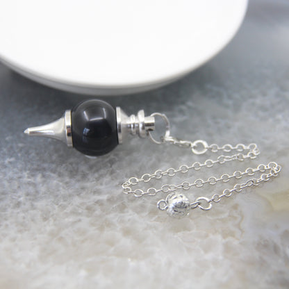 Natural Rose Quartz Labradorite Pendulum for Dowsing Divination, Crystal Cone Pendant with Round Beads Stone Chain