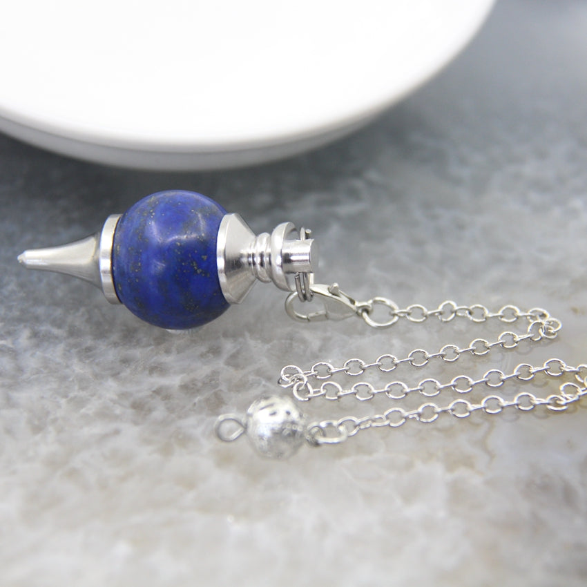 Natural Rose Quartz Labradorite Pendulum for Dowsing Divination, Crystal Cone Pendant with Round Beads Stone Chain
