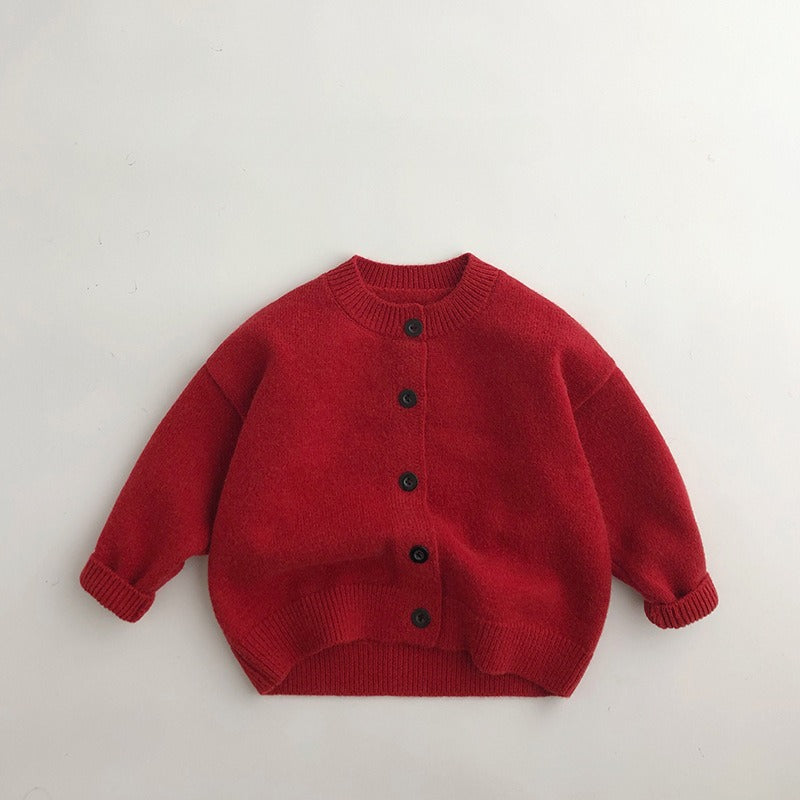 Autumn Winter Kids Sweater, Red Girls Knit Cardigan Jacket, New Year Christmas Knitwear Coat Boys Baby Sweater