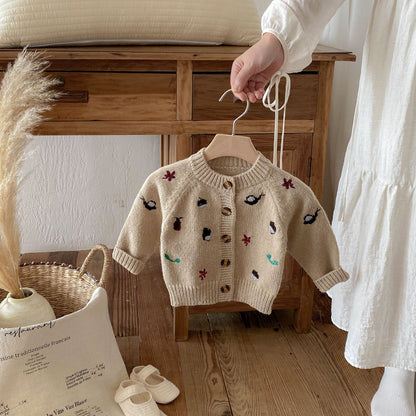 New Baby Knitted Sweater Autumn Winter, Embroidered Long Sleeve Tops, Baby Boy Cardigan Coat Girl Sweater