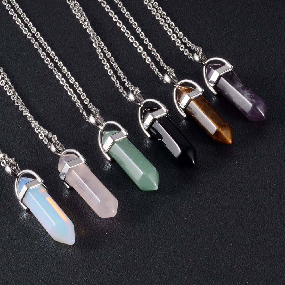 1PCS Natural Quartz, Obsidian Crystal Hexagonal Chakra Healing Pendulum, Stainless Steel Pendant Necklace for Divination