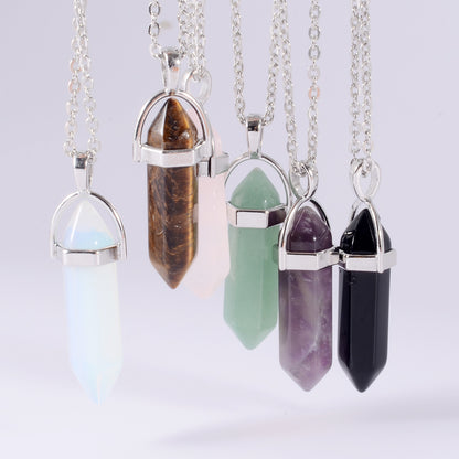 1PCS Natural Quartz Obsidian Crystal Hexagonal Chakra Healing Pendulum Stainless Steel Pendant Neck 4