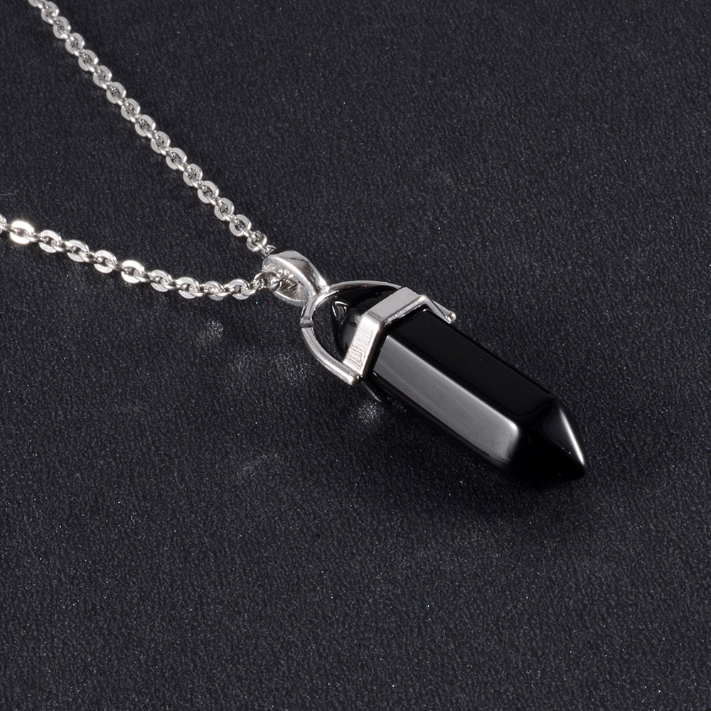 1PCS Natural Quartz Obsidian Crystal Hexagonal Chakra Healing Pendulum Stainless Steel Pendant Neck 5